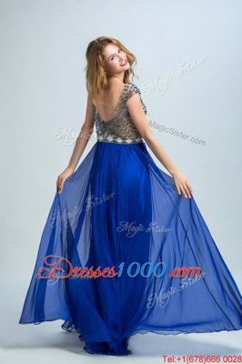 Discount Bateau Cap Sleeves Zipper Prom Dresses Royal Blue Chiffon