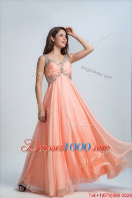 Ideal Sleeveless Floor Length Beading Backless Prom Party Dress with Orange