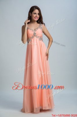 Ideal Sleeveless Floor Length Beading Backless Prom Party Dress with Orange