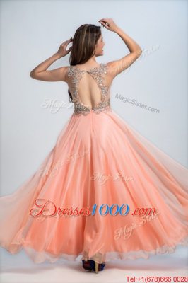 Ideal Sleeveless Floor Length Beading Backless Prom Party Dress with Orange