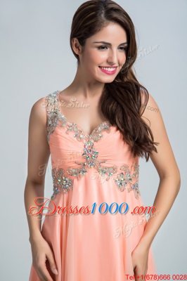 Ideal Sleeveless Floor Length Beading Backless Prom Party Dress with Orange