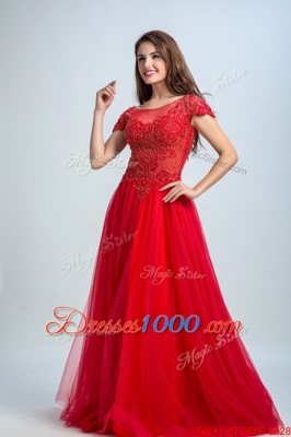 Red Bateau Neckline Lace Prom Dress Cap Sleeves Zipper