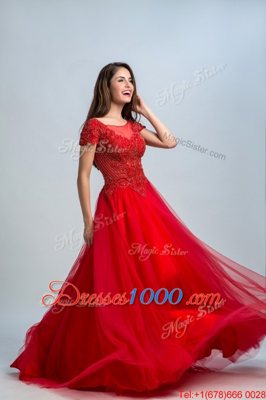 Red Bateau Neckline Lace Prom Dress Cap Sleeves Zipper
