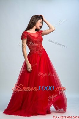 Red Bateau Neckline Lace Prom Dress Cap Sleeves Zipper