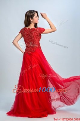 Red Bateau Neckline Lace Prom Dress Cap Sleeves Zipper