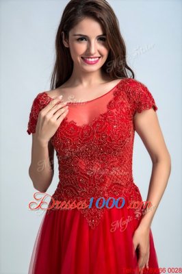 Red Bateau Neckline Lace Prom Dress Cap Sleeves Zipper