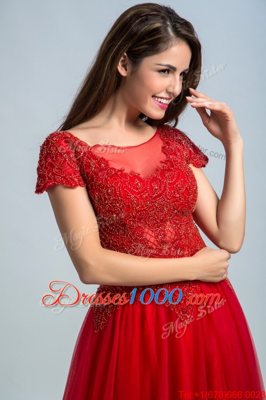 Red Bateau Neckline Lace Prom Dress Cap Sleeves Zipper