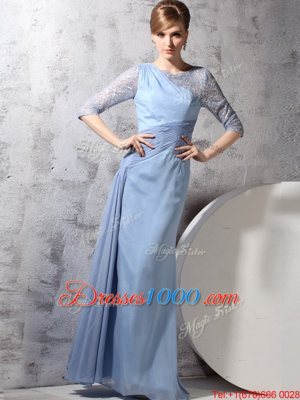 High End Scoop Ankle Length Light Blue Evening Dress Chiffon Half Sleeves Beading and Ruching