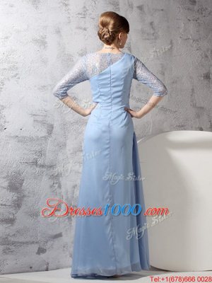 High End Scoop Ankle Length Light Blue Evening Dress Chiffon Half Sleeves Beading and Ruching