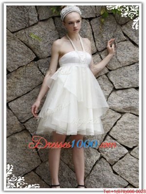 White Empire Halter Top Sleeveless Organza Knee Length Zipper Ruffles Evening Dress