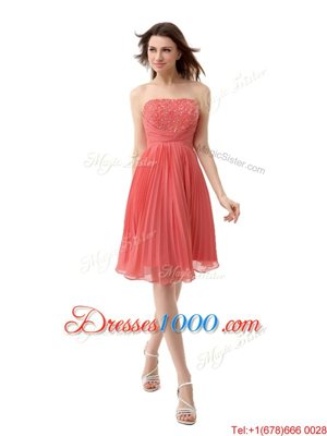 New Style Pleated Strapless Sleeveless Zipper Prom Gown Watermelon Red Chiffon