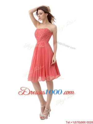 New Style Pleated Strapless Sleeveless Zipper Prom Gown Watermelon Red Chiffon