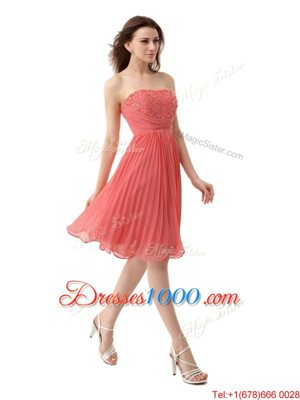 New Style Pleated Strapless Sleeveless Zipper Prom Gown Watermelon Red Chiffon
