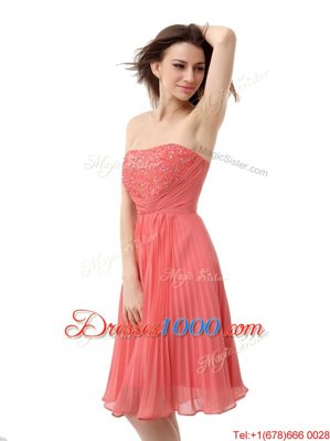 New Style Pleated Strapless Sleeveless Zipper Prom Gown Watermelon Red Chiffon