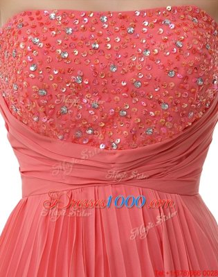 New Style Pleated Strapless Sleeveless Zipper Prom Gown Watermelon Red Chiffon