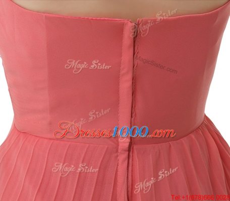New Style Pleated Strapless Sleeveless Zipper Prom Gown Watermelon Red Chiffon