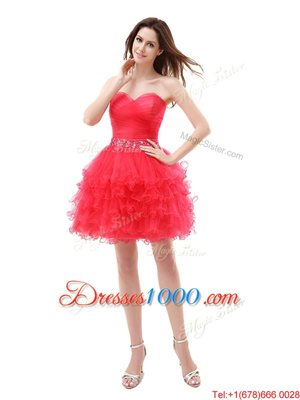 Ruffled A-line Cocktail Dress Red Sweetheart Organza Sleeveless Knee Length Zipper