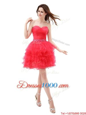 Ruffled A-line Cocktail Dress Red Sweetheart Organza Sleeveless Knee Length Zipper