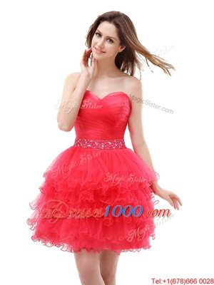 Ruffled A-line Cocktail Dress Red Sweetheart Organza Sleeveless Knee Length Zipper