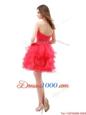 Ruffled A-line Cocktail Dress Red Sweetheart Organza Sleeveless Knee Length Zipper