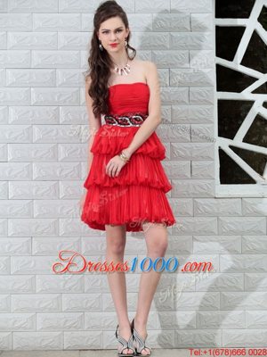 Modest Strapless Sleeveless Homecoming Dress Knee Length Beading Red Chiffon