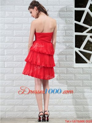 Modest Strapless Sleeveless Homecoming Dress Knee Length Beading Red Chiffon