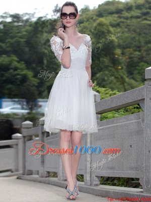 Attractive White Column/Sheath V-neck Sleeveless Tulle Knee Length Zipper Lace Prom Dress