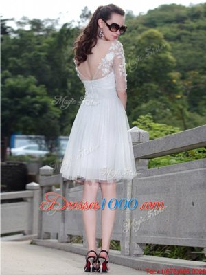 Attractive White Column/Sheath V-neck Sleeveless Tulle Knee Length Zipper Lace Prom Dress