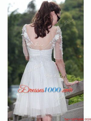 Attractive White Column/Sheath V-neck Sleeveless Tulle Knee Length Zipper Lace Prom Dress