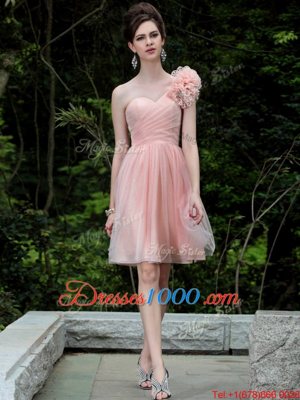 Affordable Peach Column/Sheath One Shoulder Sleeveless Tulle Knee Length Side Zipper Beading and Hand Made Flower