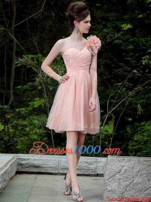 Affordable Peach Column/Sheath One Shoulder Sleeveless Tulle Knee Length Side Zipper Beading and Hand Made Flower