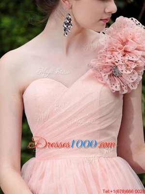 Affordable Peach Column/Sheath One Shoulder Sleeveless Tulle Knee Length Side Zipper Beading and Hand Made Flower