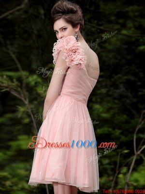 Affordable Peach Column/Sheath One Shoulder Sleeveless Tulle Knee Length Side Zipper Beading and Hand Made Flower