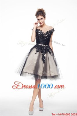 Best Scoop Cap Sleeves Knee Length Lace Zipper Womens Party Dresses with Black