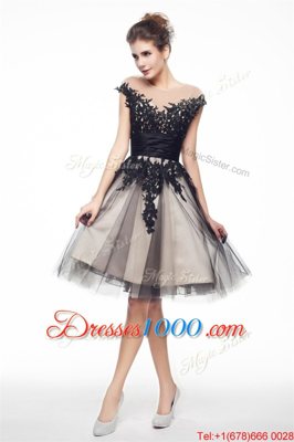 Best Scoop Cap Sleeves Knee Length Lace Zipper Womens Party Dresses with Black