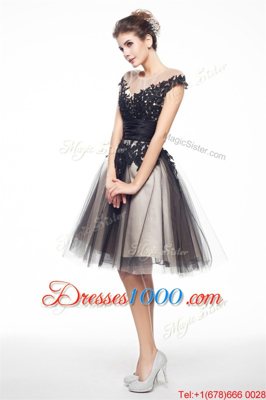 Best Scoop Cap Sleeves Knee Length Lace Zipper Womens Party Dresses with Black