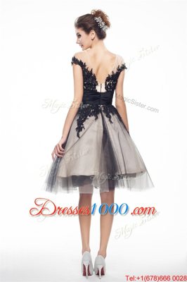 Best Scoop Cap Sleeves Knee Length Lace Zipper Womens Party Dresses with Black