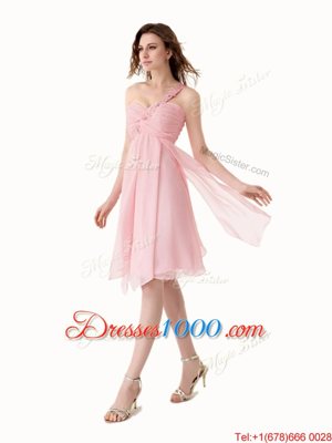 One Shoulder Baby Pink Chiffon Lace Up Sleeveless Knee Length Beading and Ruffles