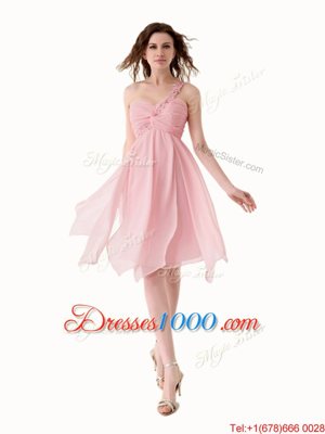 One Shoulder Baby Pink Chiffon Lace Up Sleeveless Knee Length Beading and Ruffles