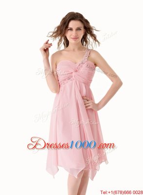 One Shoulder Baby Pink Chiffon Lace Up Sleeveless Knee Length Beading and Ruffles
