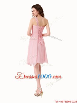 One Shoulder Baby Pink Chiffon Lace Up Sleeveless Knee Length Beading and Ruffles