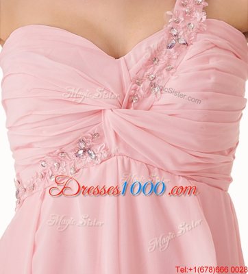 One Shoulder Baby Pink Chiffon Lace Up Sleeveless Knee Length Beading and Ruffles