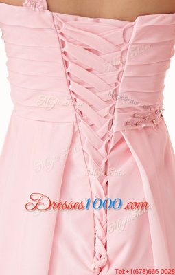 One Shoulder Baby Pink Chiffon Lace Up Sleeveless Knee Length Beading and Ruffles