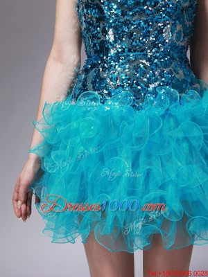 Latest Strapless Sleeveless Cocktail Dresses Mini Length Beading and Ruffles Aqua Blue Organza