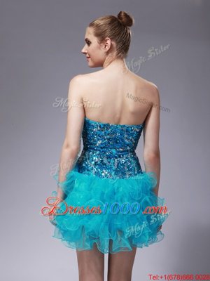 Latest Strapless Sleeveless Cocktail Dresses Mini Length Beading and Ruffles Aqua Blue Organza