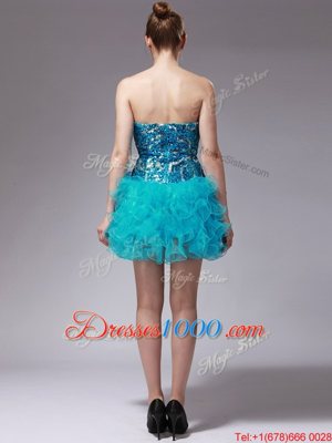 Latest Strapless Sleeveless Cocktail Dresses Mini Length Beading and Ruffles Aqua Blue Organza