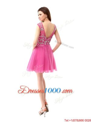 Vintage Rose Pink Column/Sheath Scoop Cap Sleeves Chiffon Mini Length Zipper Beading and Sequins and Pleated Prom Party Dress