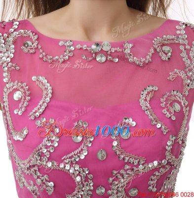 Vintage Rose Pink Column/Sheath Scoop Cap Sleeves Chiffon Mini Length Zipper Beading and Sequins and Pleated Prom Party Dress