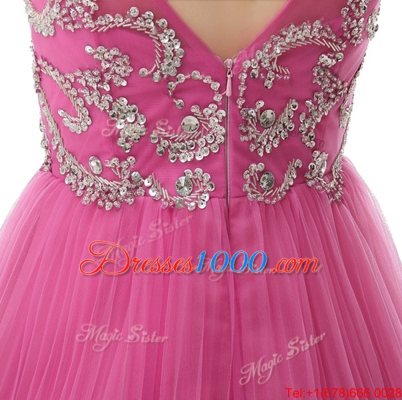 Vintage Rose Pink Column/Sheath Scoop Cap Sleeves Chiffon Mini Length Zipper Beading and Sequins and Pleated Prom Party Dress