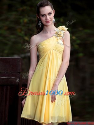 Shining One Shoulder Satin Sleeveless Mini Length Dress for Prom and Hand Made Flower